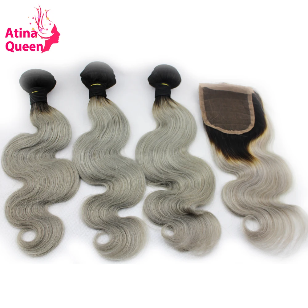 Atina Queen Ombre 1B/GREY Human Hair Weave with Closure