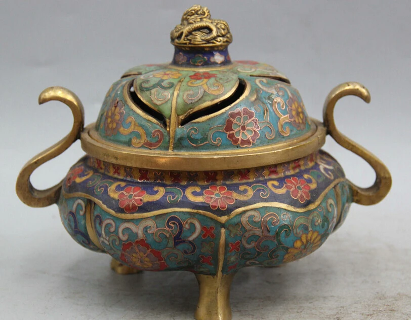 

Elegant old S6004 8" Marked Chinese palace Cloisonne Bronze Gild dragon Incense Burner Censer statue (A0322)