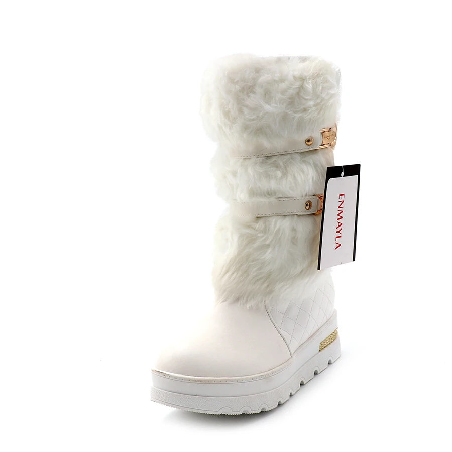 ENMAYLA/новые модные зимние ботинки на меху с пряжкой женские зимние ботинки на плоской подошве без застежки Дамская обувь с металлическими украшениями белого и черного цвета