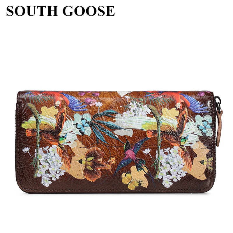 

SOUTH GOOSE Women Genuine Leather Clutch Wallets Female Retro Long Zipper Handy Bag Printing Flower Strap Card Holder Coin Purse