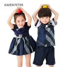 Платье для девочек синее платье в клетку с бантом, летнее платье с пышными рукавами для девочек школьная форма, брат и сестра одежда От 3 до 7 лет
