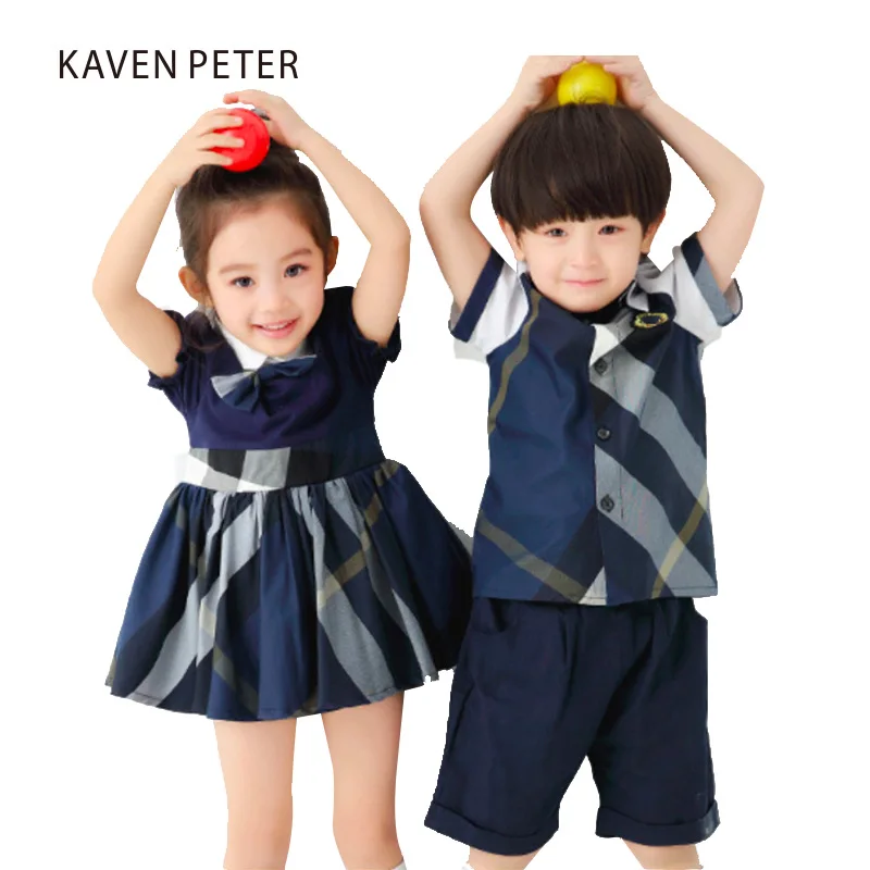 

Girl dress blue plaid dress and Bowknot summer girls puff sleeve dress school uniforms brother and sister clothing 3-7T