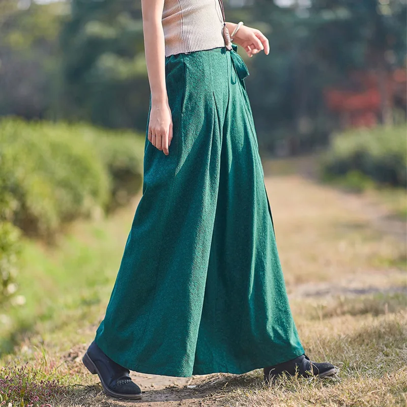 

High Quality Casual Loose Wide Leg Jacquard Belted Lady Trousers, Spring Autumn Green Red Black Elastic Waist Womens Long Pants