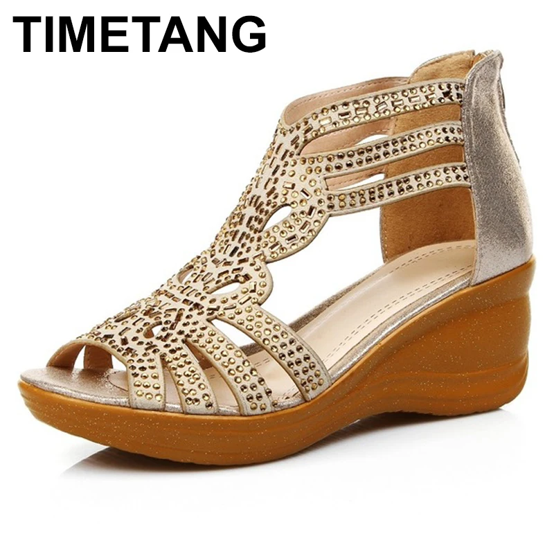 

TIMETANG 2018 Summer Hollow Out Comfortable Wedges Sandals Women Large Size 41 Female Genuine Leather Open Toe Cowhide Diamond