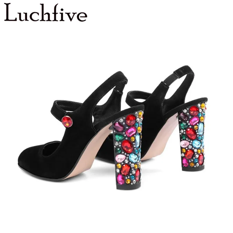

Runway colorful Rhinestone Women Pumps slingback round Toe high Heels Crystal Wedding Shoes new summer sandals women