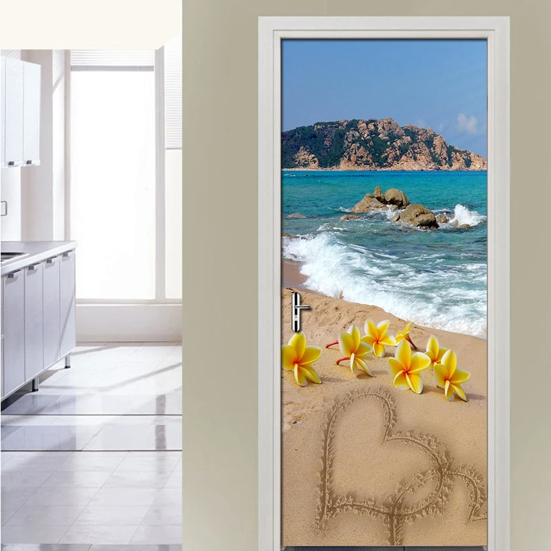 Beach Scenery Bedroom Door Decor Sticker Wallpaper PVC Mural Waterproof ...