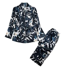 Женский европейский и американский стиль осень зима сексуальный пижамный комплект высокого класса шелк цветочный принт полная длина костюм Роскошная домашняя одежда