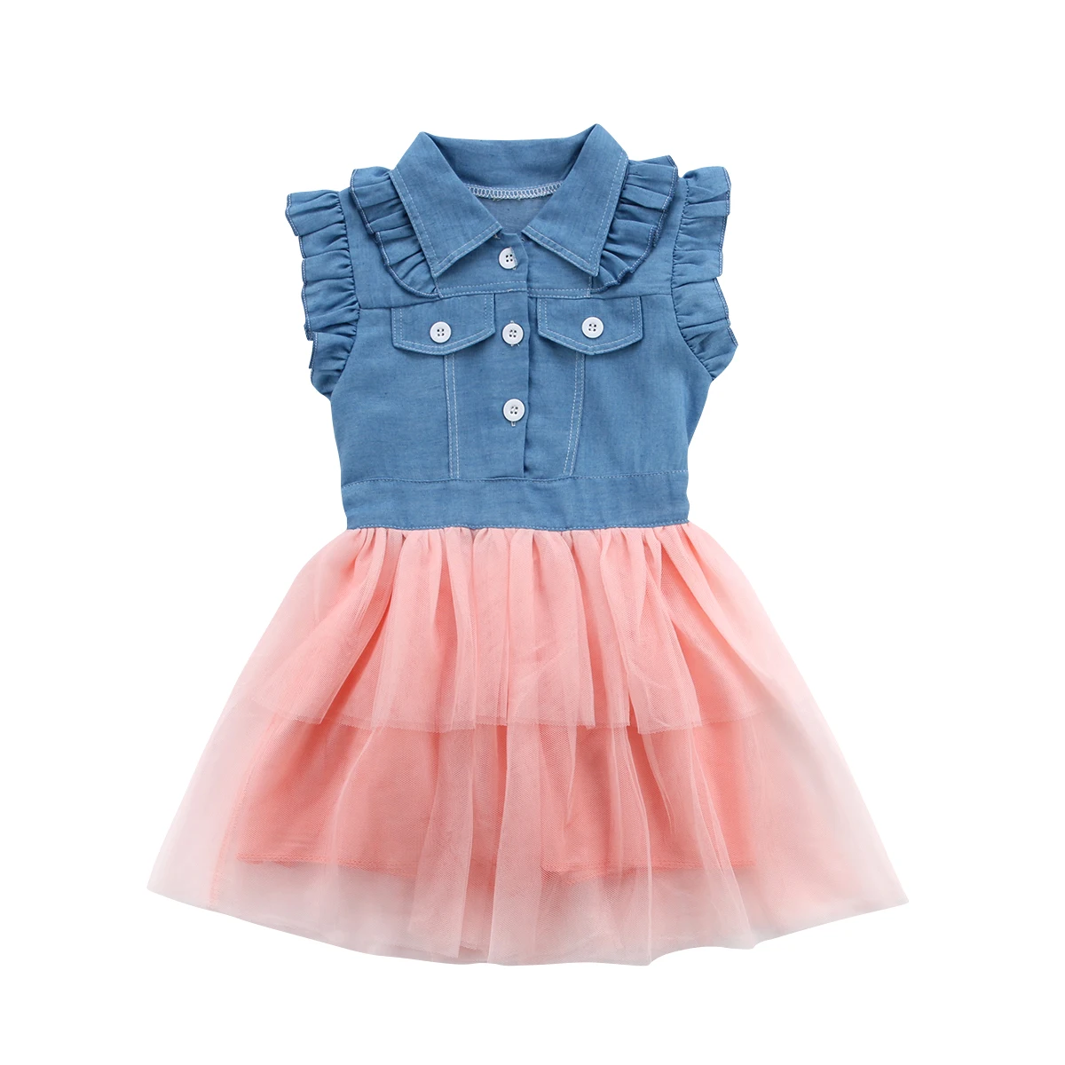 

2019 Canis Summer Denim Girls Princess Party Pageant Flying Sleeves Wedding Tulle Tutu Dresses Ruffle Lace Kids Clothes