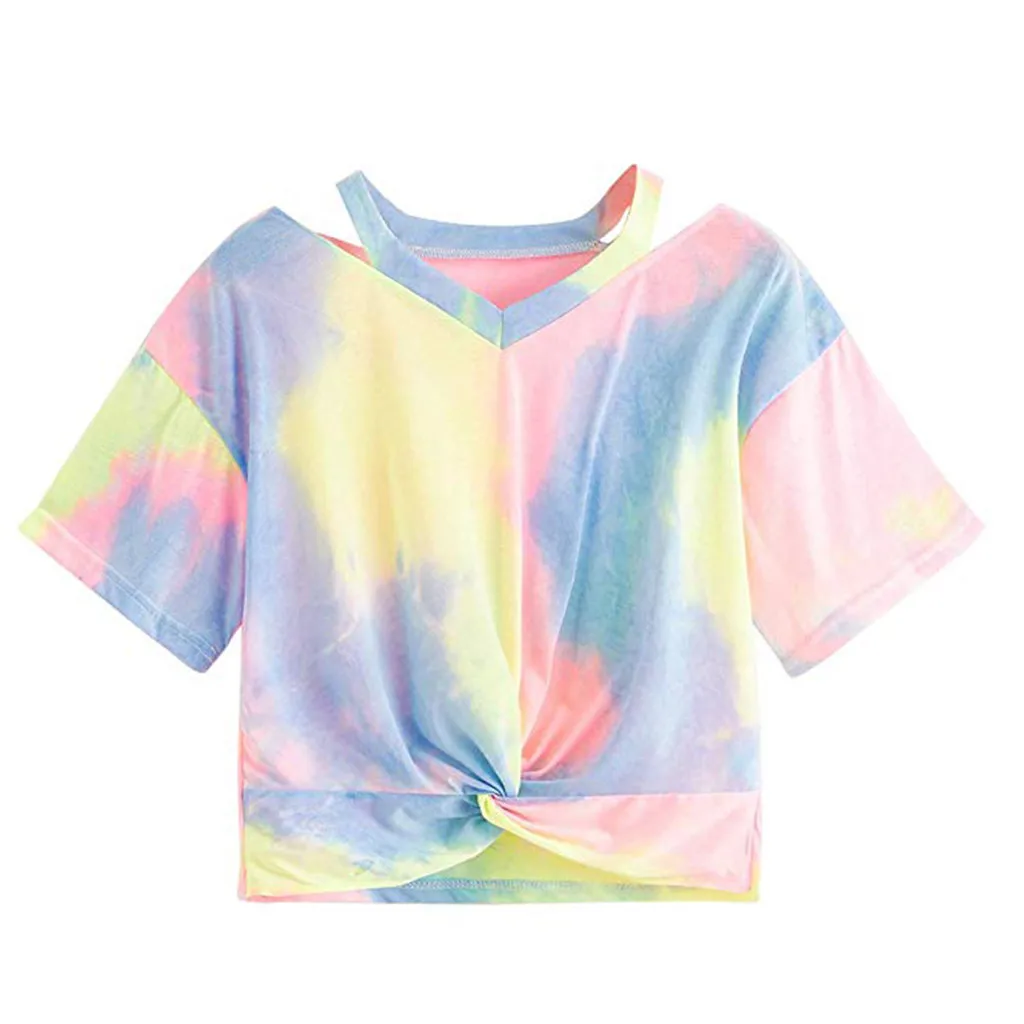 

Tie Dye Letter Print Knot Front Casual Girls T-Shirts Ladies 2019 Summer Cap Sleeve Colorblock Women Casual Tees