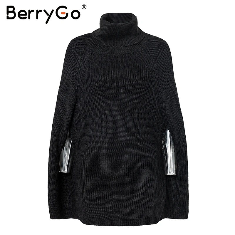 BerryGo вязаный свитер с высоким воротом большого размера, женское пончо верблюжьего цвета, Свободный Повседневный пуловер для женщин, Осенний Теплый черный зимний джемпер - Цвет: Черный