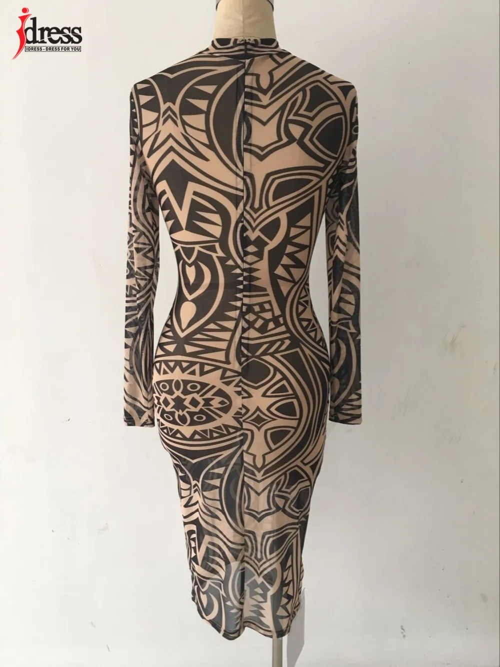 IDress 2016 New Geometric African Print Dresses Women Sexy Mesh Long Sleeve Bodycon Party Dresses Sexy Night Club Dress Women
