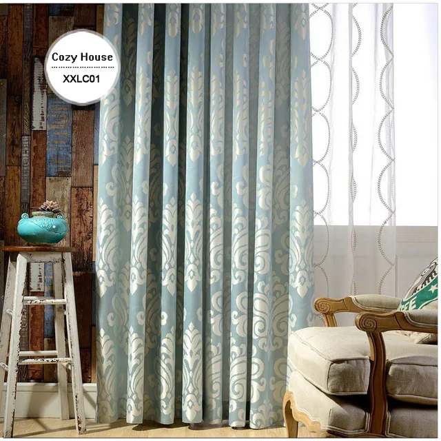 Light Blue Fabric Curtains Blinds Drapes Damask Blackout European American Luxury Cortinas For
