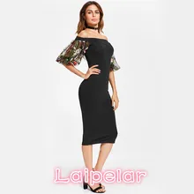 Laipelar Bardot Summer Party Dress 2017 Black Off the Shoulder Women Elegant Midi Dress Floral Embroidery Mesh Puff Sleeve Dress plus embroidered mesh insert pleated sleeve bardot dress