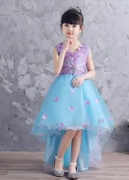 

2018 High Quality Handmade Flower Girls Dresses For Wedding blue Lace Flower Girl Birthday Party Dress Princess Gown Kids dress