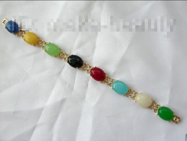 

Amazing big 16mm multicolor jade bracelet 9K gold chain b1043^^@^18K GP SHIPPING