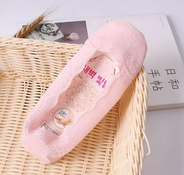 QA113 высокое качество летние невидимые носки-лодочки женские кружевные бесшовные Нескользящие носки тапочки - Цвет: Розовый
