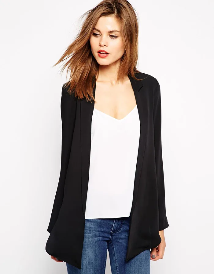 2015 New Fashion Side Slit Jackets Feminine Open Front Black Soft ...