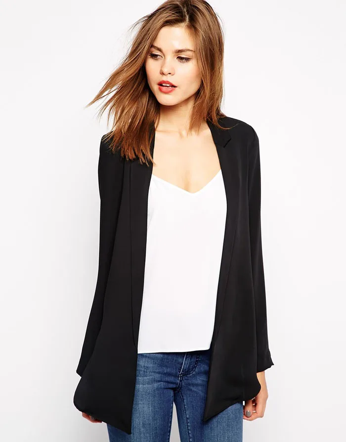 2015 New Fashion Side Slit Jackets Feminine Open Front Black Soft