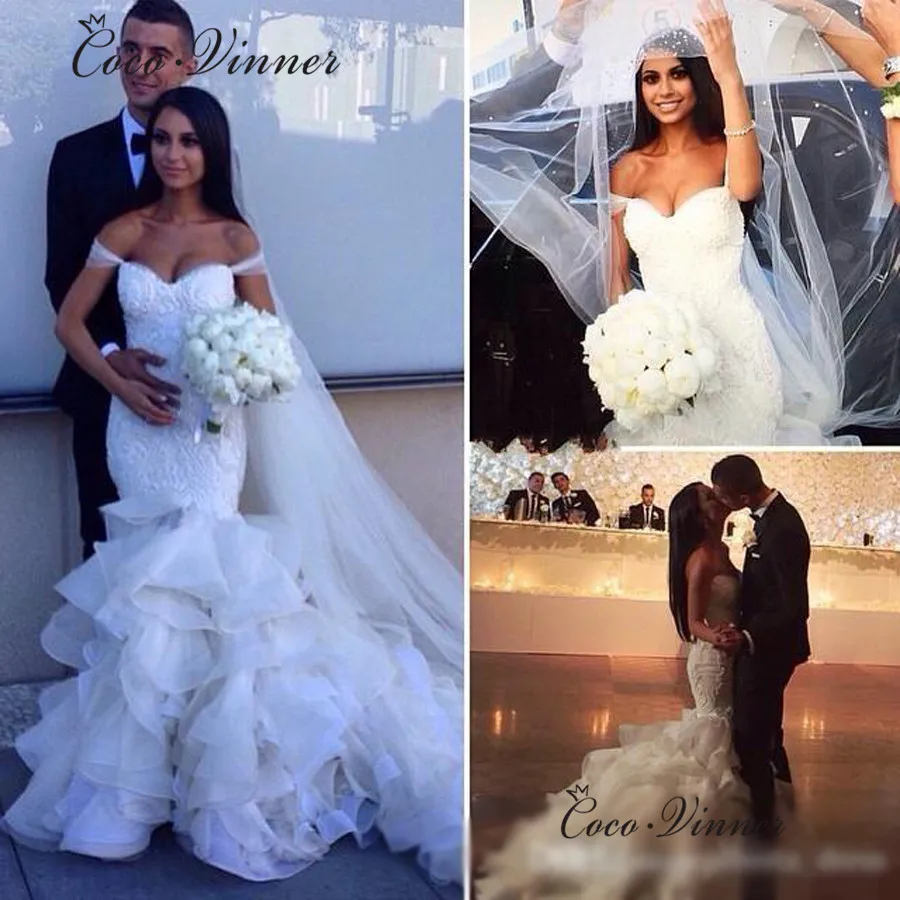 

Embroidery Lace Appliques Ruffles Mermaid Wedding Dress 2019 Pearl Beaded Cap Sleeve White Wedding Dress China Bridal Gown W0322