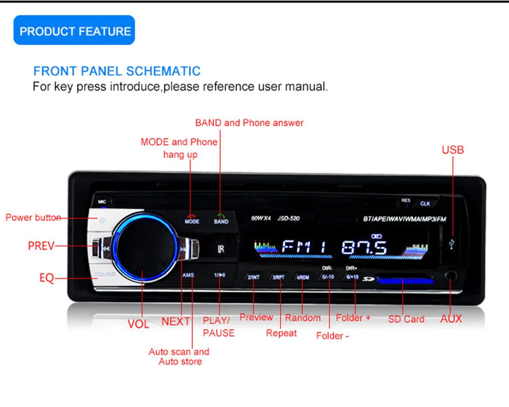 Car Radio Car Digital Media MP3 Player Stereo Receiver with Built-in Bluetooth Hands-Free Calling 1 din USB AUX SD Card Input