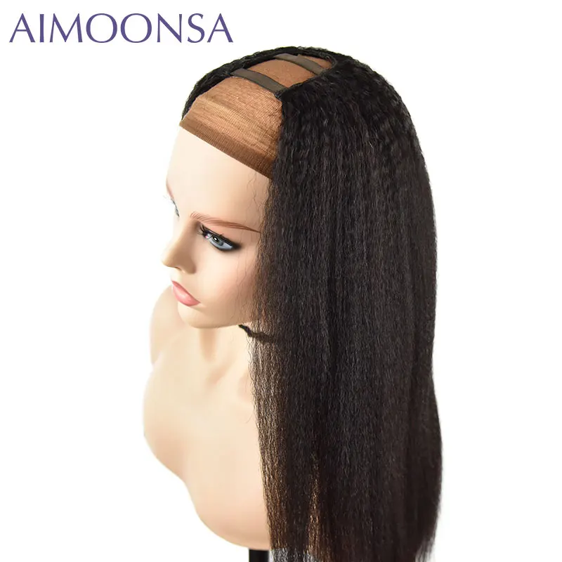 Harga U Bagian Rambut Manusia Wig Keriting Lurus U Bagian Wig Brazilian Remy Rambut 150 Density Untuk Wanita Hitam Alami Medium Cap Mesin dibuat