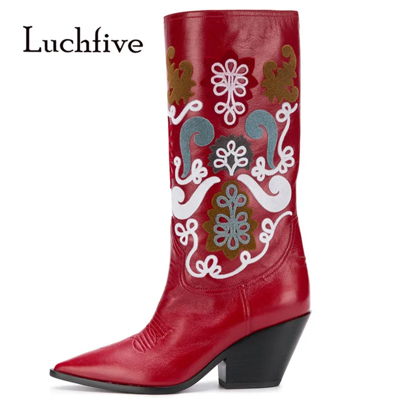 

2019 Red Cow Leather Knee High Boots Woman Pointed Toe Embroidery Flower Strange High Heel Boots Women Fashion Long Boots