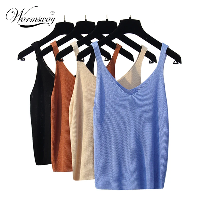 New knitted Tank Tops Women Summer Camisole Vest simple Loose Ladies V Neck Sexy Strappy Tank Tops A-034