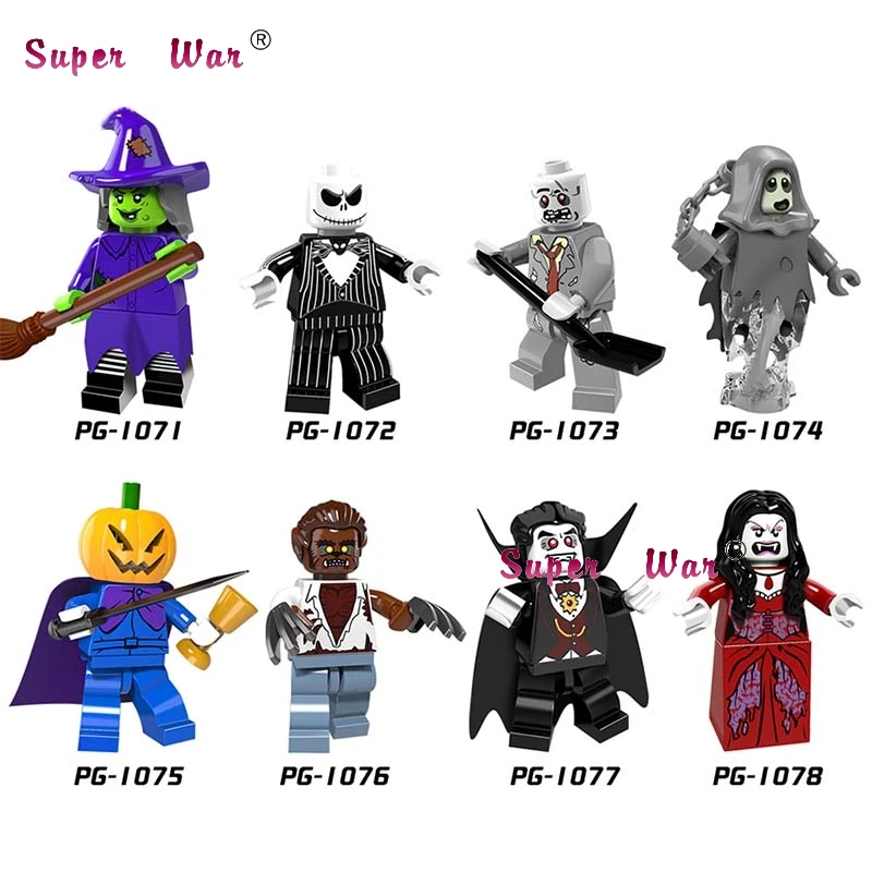 

1PCS Halloween keleton Jack Witch Zombie Ghosts Pumpkin Man Werewolf Vampire Count Queen building blocks toys for children