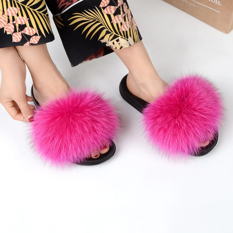 ZDFURS 2019 Fashion Fox Fur Slippers Real Fur Slides Summer Flip