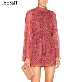 

2019 new runway Women Flare Sleeve Playsuit ladies High Neck Collar Backless Tie Printed Silk One-pieces Playsuits