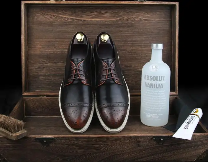 

Block men's shoes genuine leather British summer casual leather shoes men's fashion round head thick bottom low upper shoes