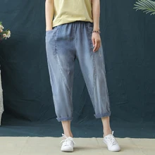 Летние женские винтажные джинсовые Капри-шаровары белого и синего цвета с эластичной резинкой на талии, тонкие джинсовые брюки до середины икры