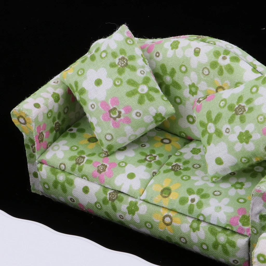 8pcs 1/12 Scale Dollhouse Miniatures Living Room Furniture Floral Single Double Sofa Chair Tea Table Green