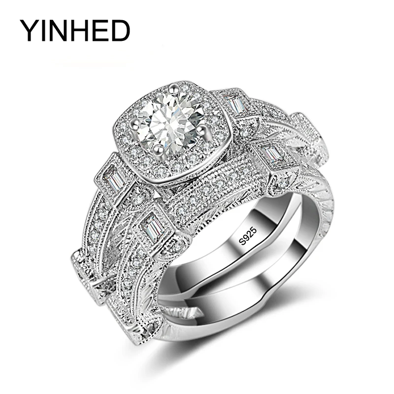 YINHED Luxury Brand Wedding Rings Set 1 Carat Zircon CZ Engagement Ring for Women 925 Sterling