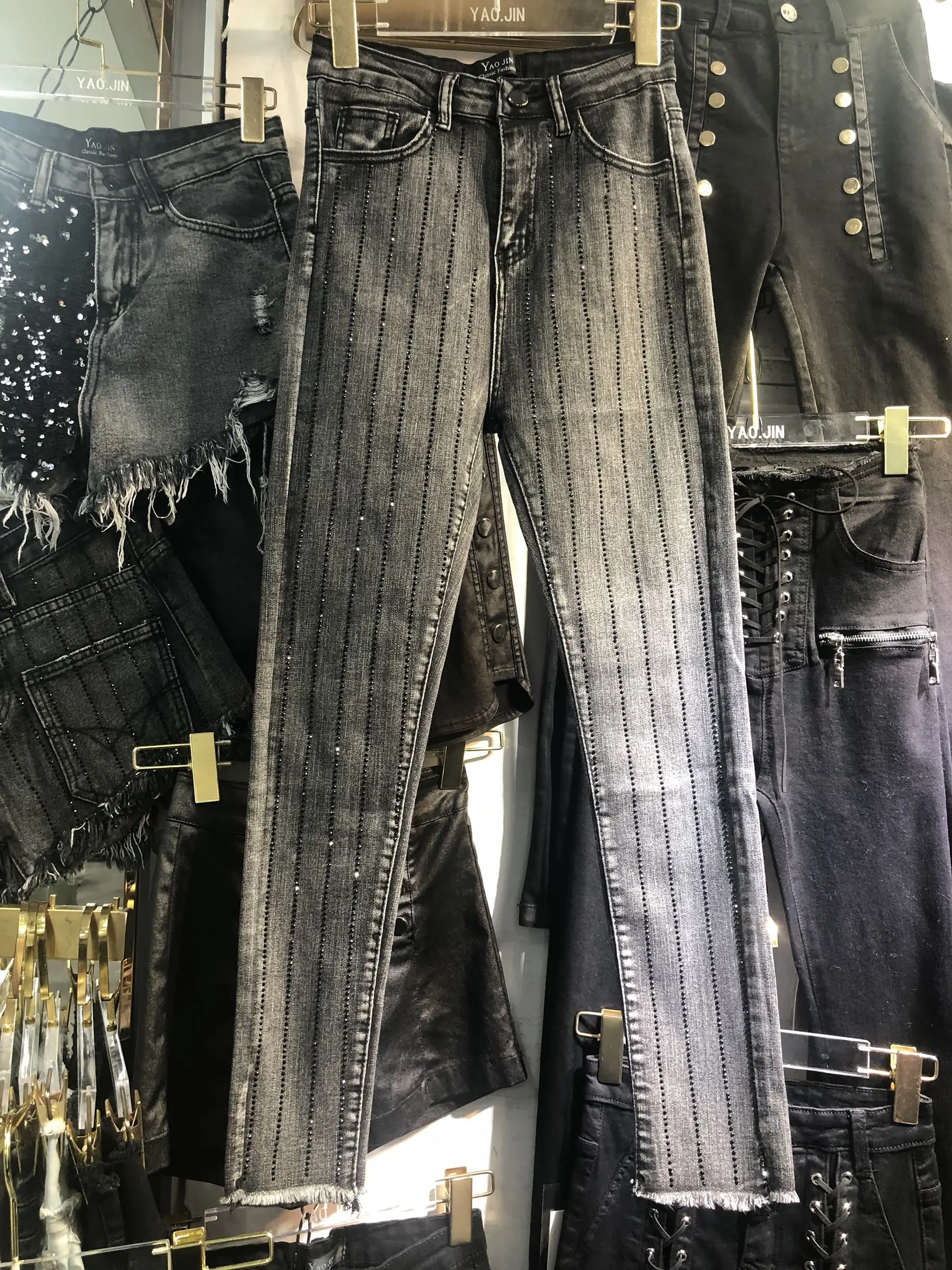 

Wild hot diamond nine points small feet jeans thin section New elastic high waist slimming pencil pants
