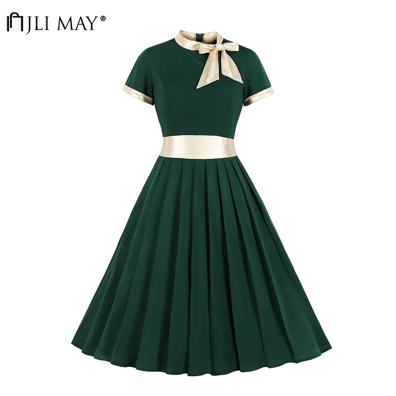 

JLI MAY Patchwork lace up Dress Women Short Sleeve Summer Vintage Eleagnt Ladies A-Line Midi Stand Collar Plus Size Clothes