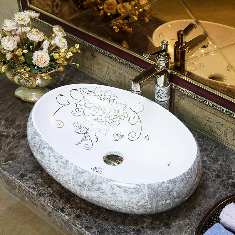 Oval Jingdezhen Bathroom ceramic sink wash basin Counter Top Wash Basin