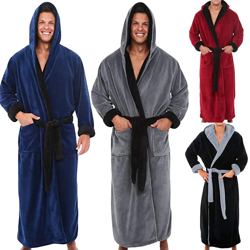 Модная повседневная мужская пара, зимняя удлиненная плюшевая шаль, кимоно, теплый мужской халат, домашняя одежда, длинный рукав, с