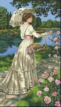 

43X69CM, 14CT Free Delivery beautiful nostalgic counted cross stitch kit Dim 03868 in her garden park lady woman girl flower