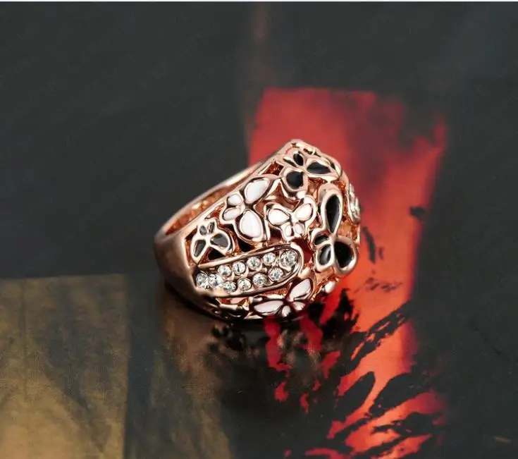 Большое кольцо бижутерия Настоящее розовое золото цвет Красивая Эмаль Бабочка кольца микро проложить Австрийские кристаллы Ri-HQ0210