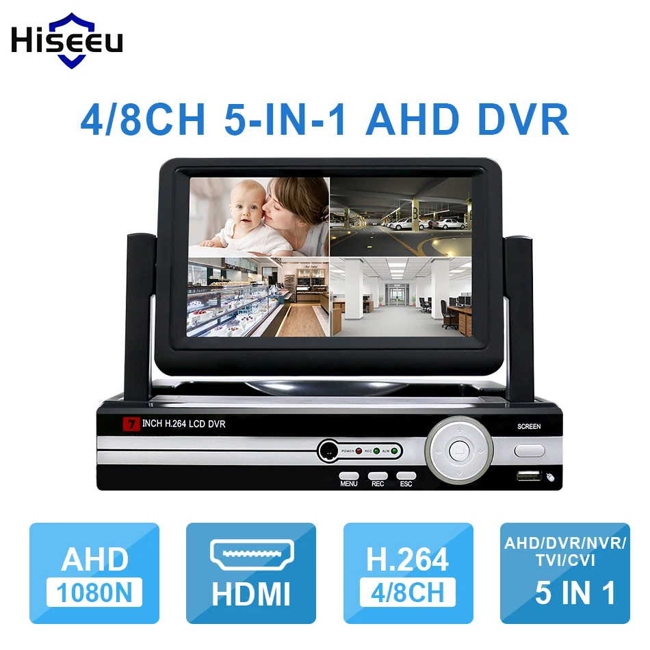 Hiseeu CCTV 4/8 канала 1080N цифрового видео Регистраторы 5IN1 с 7 &quotЖК-дисплей Экран Hybrid DVR