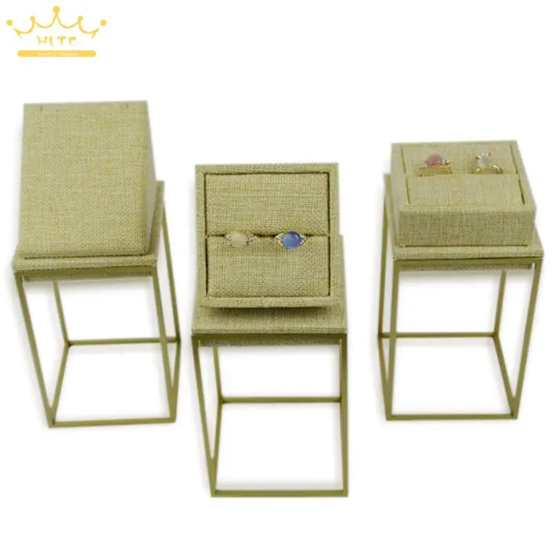 

Free shipping Stainless Steel 16cm Jewelry Display Luxurious Beige Linen Rings Earrings Holder Pendant Showed Organizer Case