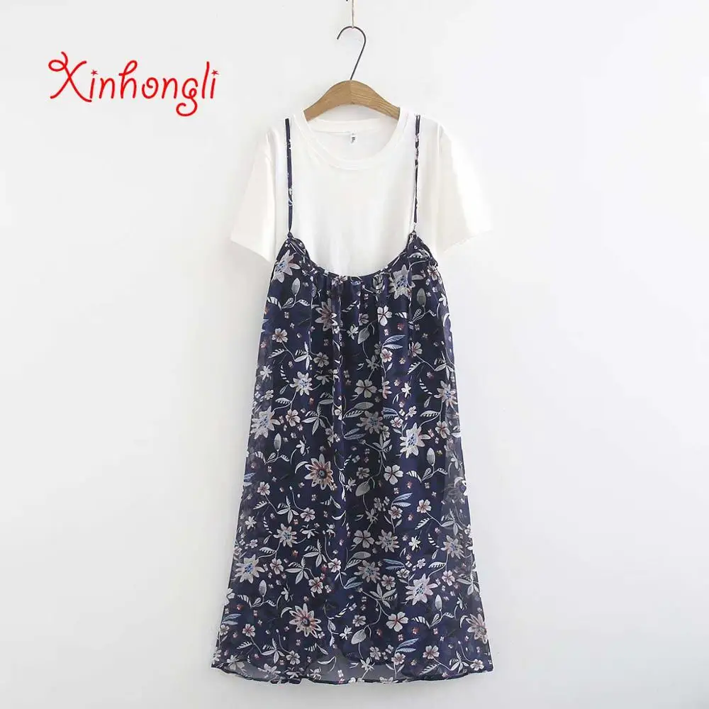 

Plus size white t shirts and chiffon dress 2 pieces women set 2019 summer casual ladies short sets for women two piece skirt set