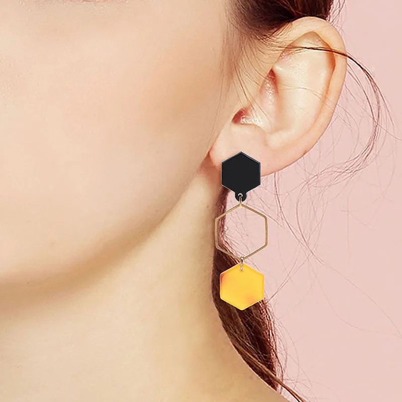 

8Seasons New Fashion Acrylic Geometric Hexagon Dangle Earring For Woman Multilayer Asymmetry Female Drop Earrings Jewelry Gifts