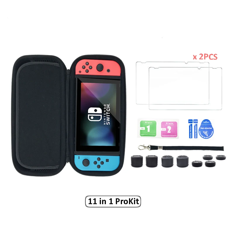 12 in 1 HD Tempered Glass Screen Protector for Nintend Switch +Carry Case Cover For NS Storage Bag With 6pcs Silicone Caps
