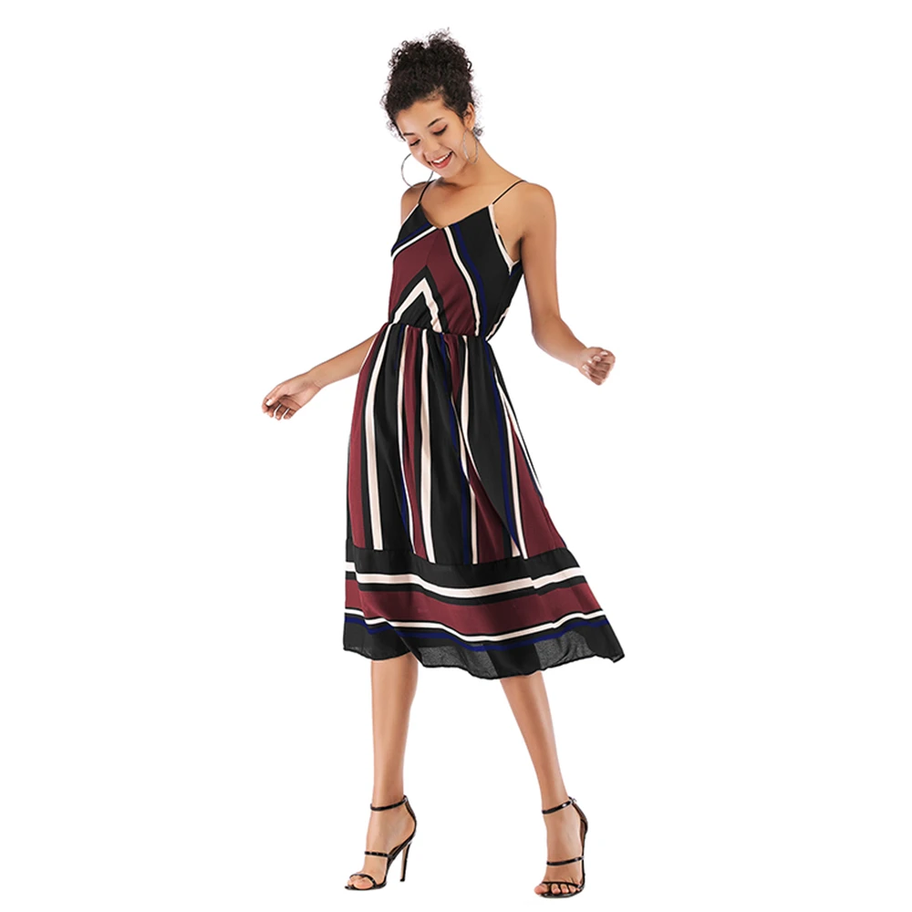 

Louyebouho Women Summer Sexy Spaghetti Strap Striped Chiffon Dress Casual Sleeveless Backless Beach Sundress Elegant Vestido New