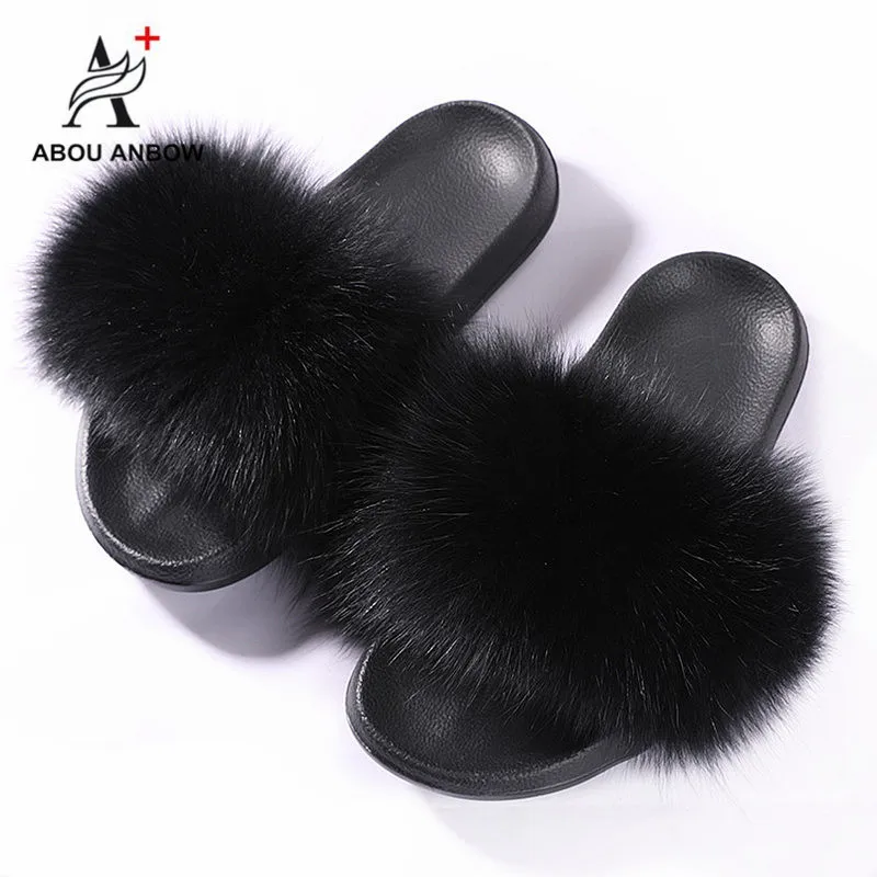 Women&#39;s Fur Slippers Women Faux Fox Fur Slides Home Furry Flat Sandals Female Cute Fluffy House ...