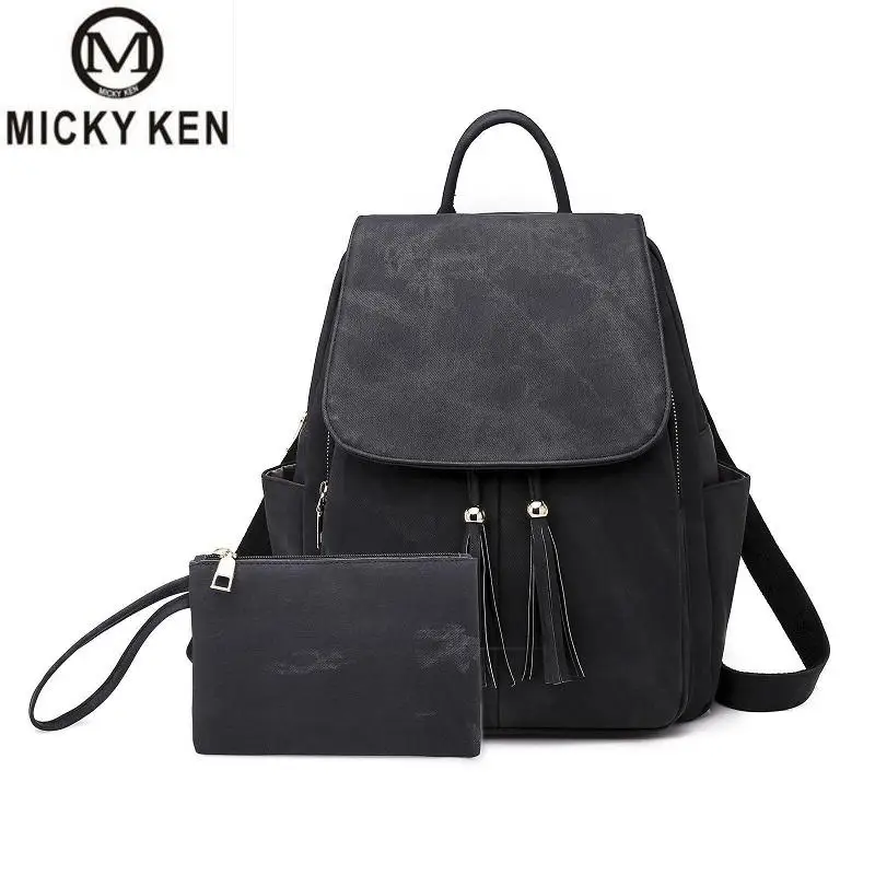 2PcsSet Small Women Backpacks female 2018 School Bags For Teenage Girls Black PU Leather Women Backpack Shoulder Bag Purse