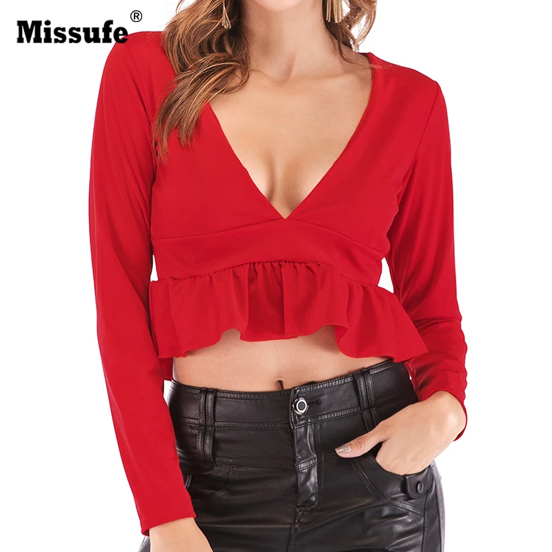 Missufe v-образным вырезом с длинным рукавом Для женщин осень рябить топы Женский рубашка Повседневный пуловер Зимний Дамы Сексуальная