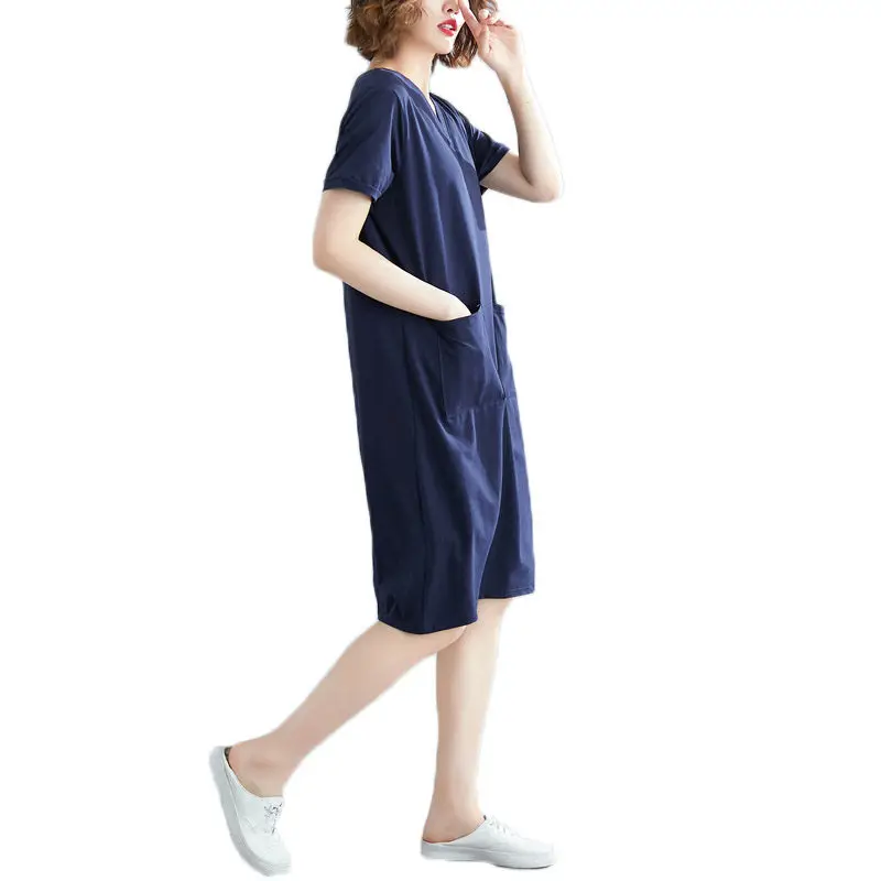 

Korean Casual Summer Dress Women Plus Size Loose Thin V-neck Short Sleeve Cotton T-shirt Dress Midi Female Solid Vestidos f666